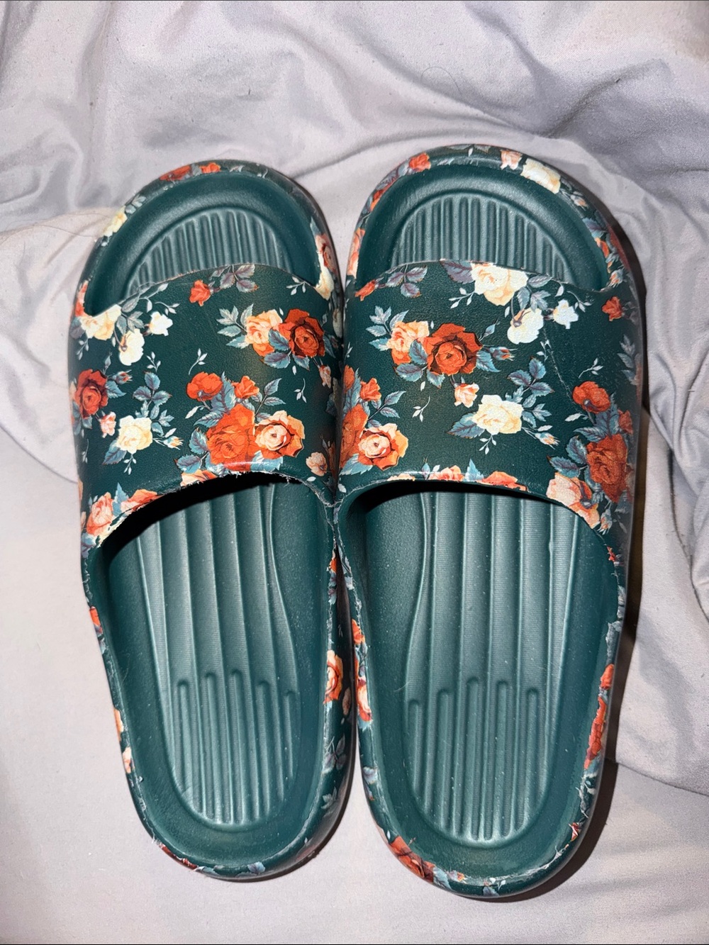 Floral Slide Sandals in Deep Teal with Red & Cream Roses
